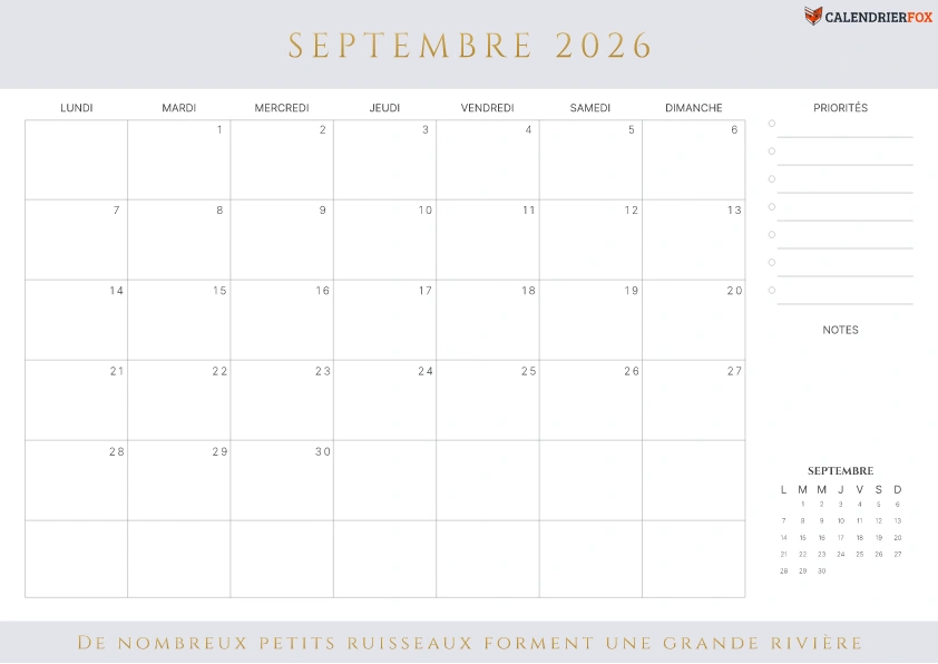 Calendrier Septembre 2026 avec jours fériés esthétique priorités