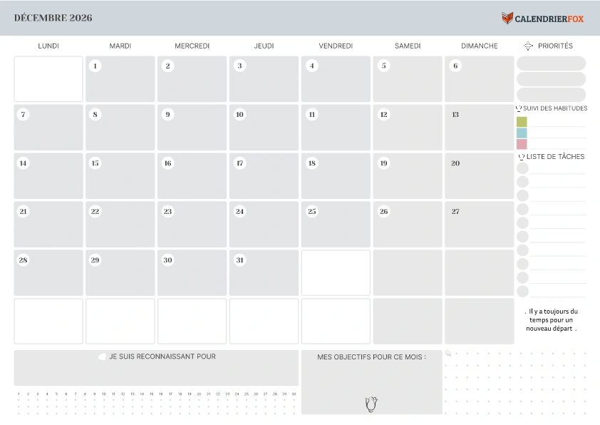 Calendrier Décembre avec section Notes