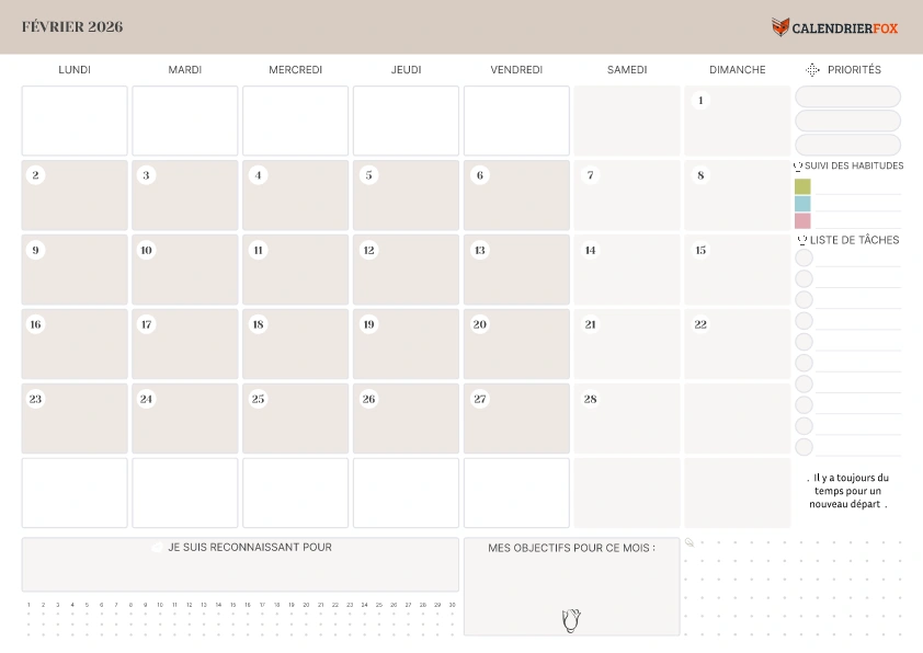 Calendrier fevrier avec liste de tâches