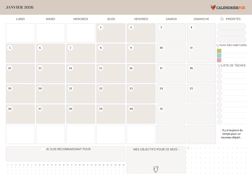Calendrier Janvier avec liste de tâches