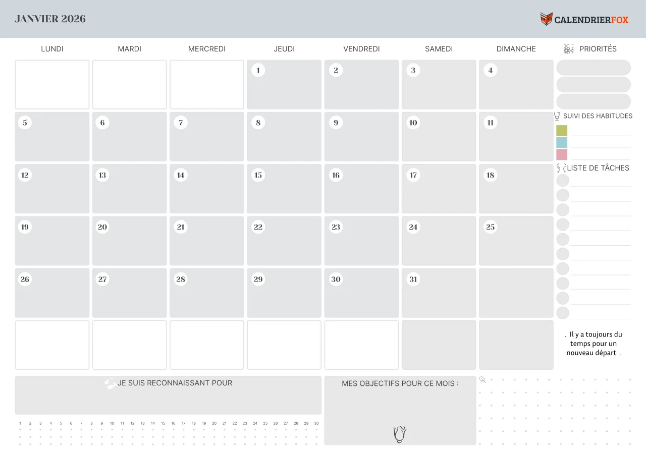Calendrier Janvier avec section Notes