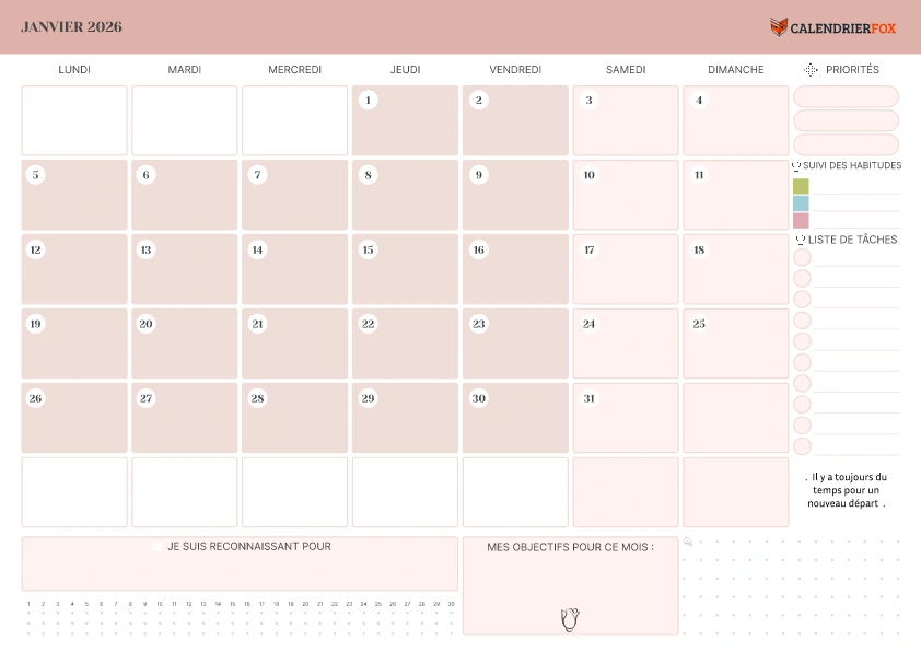 Calendrier Janvier avec Priorité