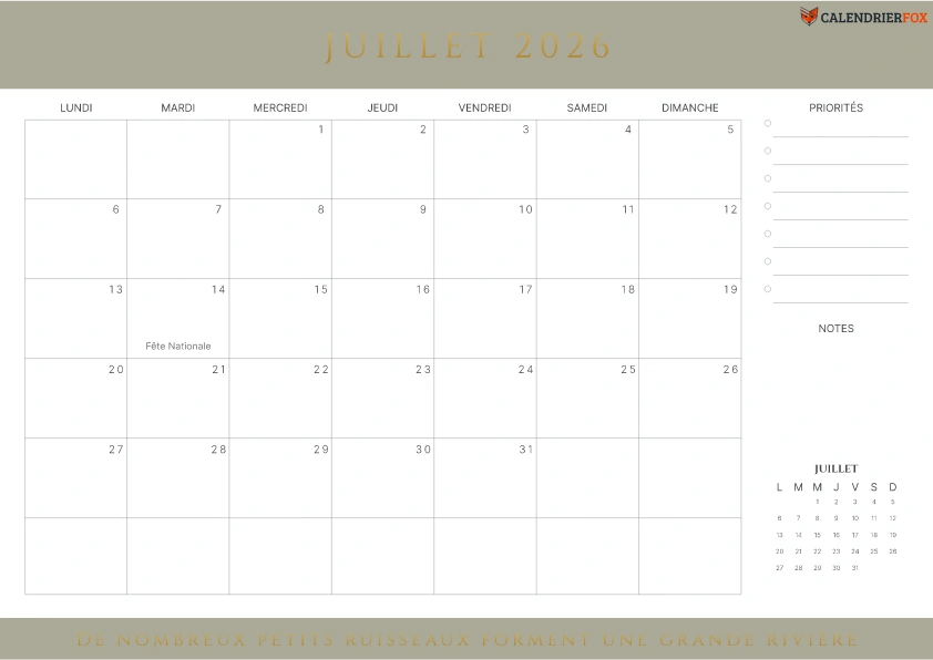 Calendrier Juillet avec citations