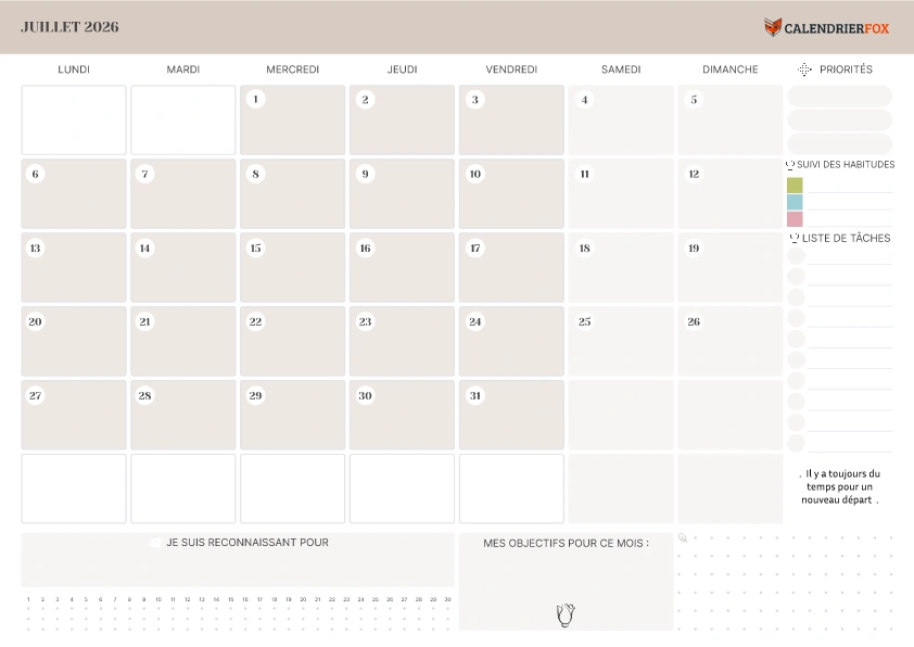 Calendrier Juillet avec liste de tâches