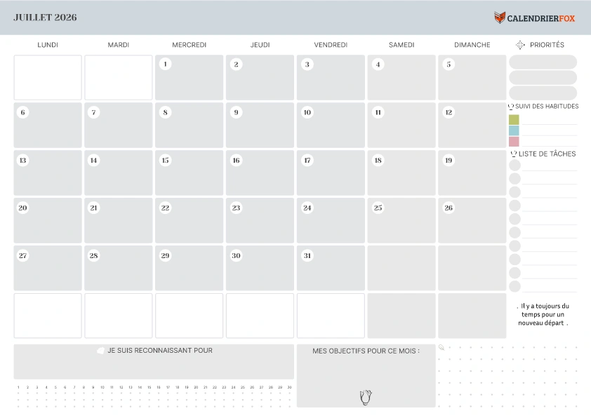 Calendrier Juillet avec section Notes