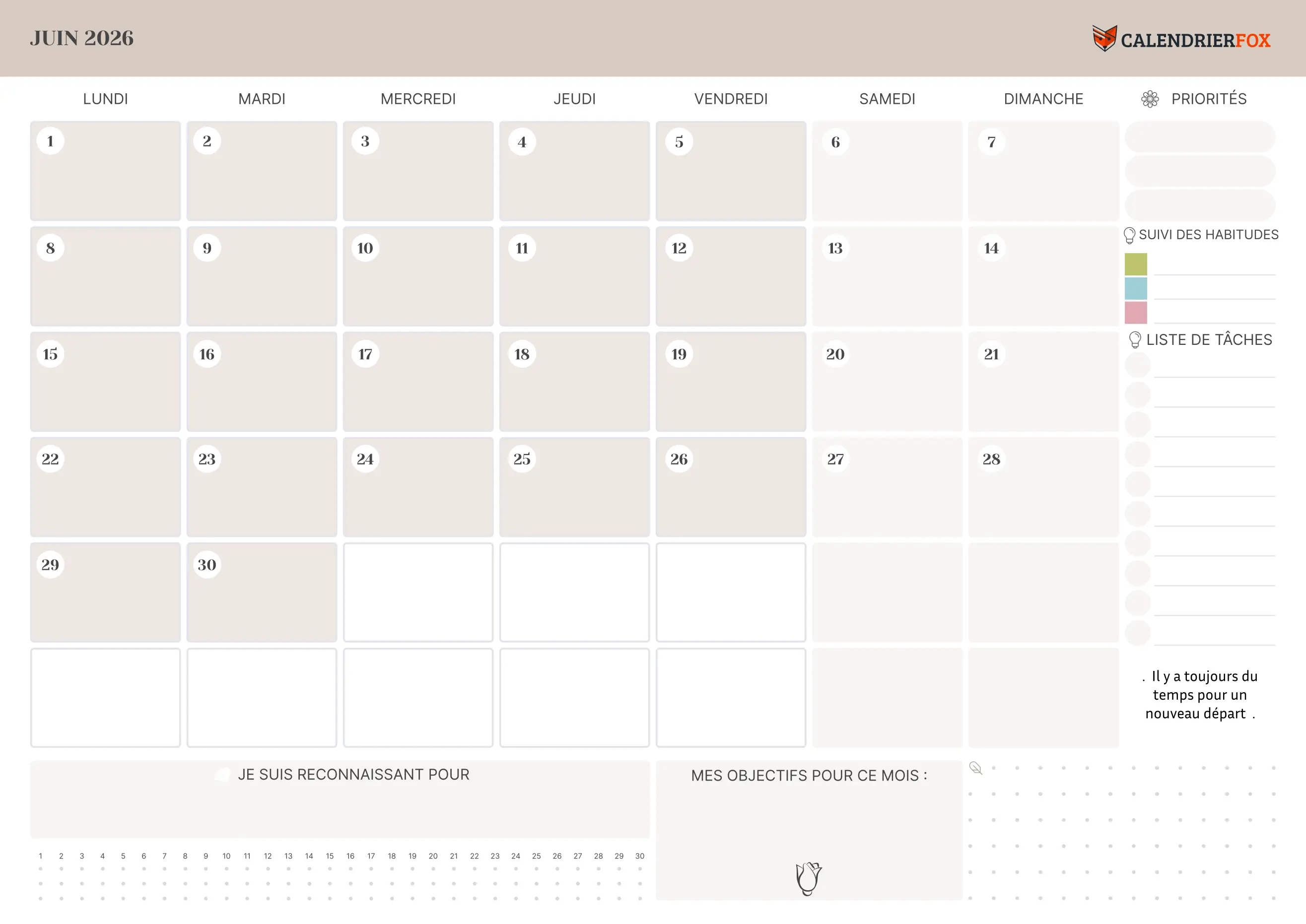 Calendrier Juin avec liste de tâches