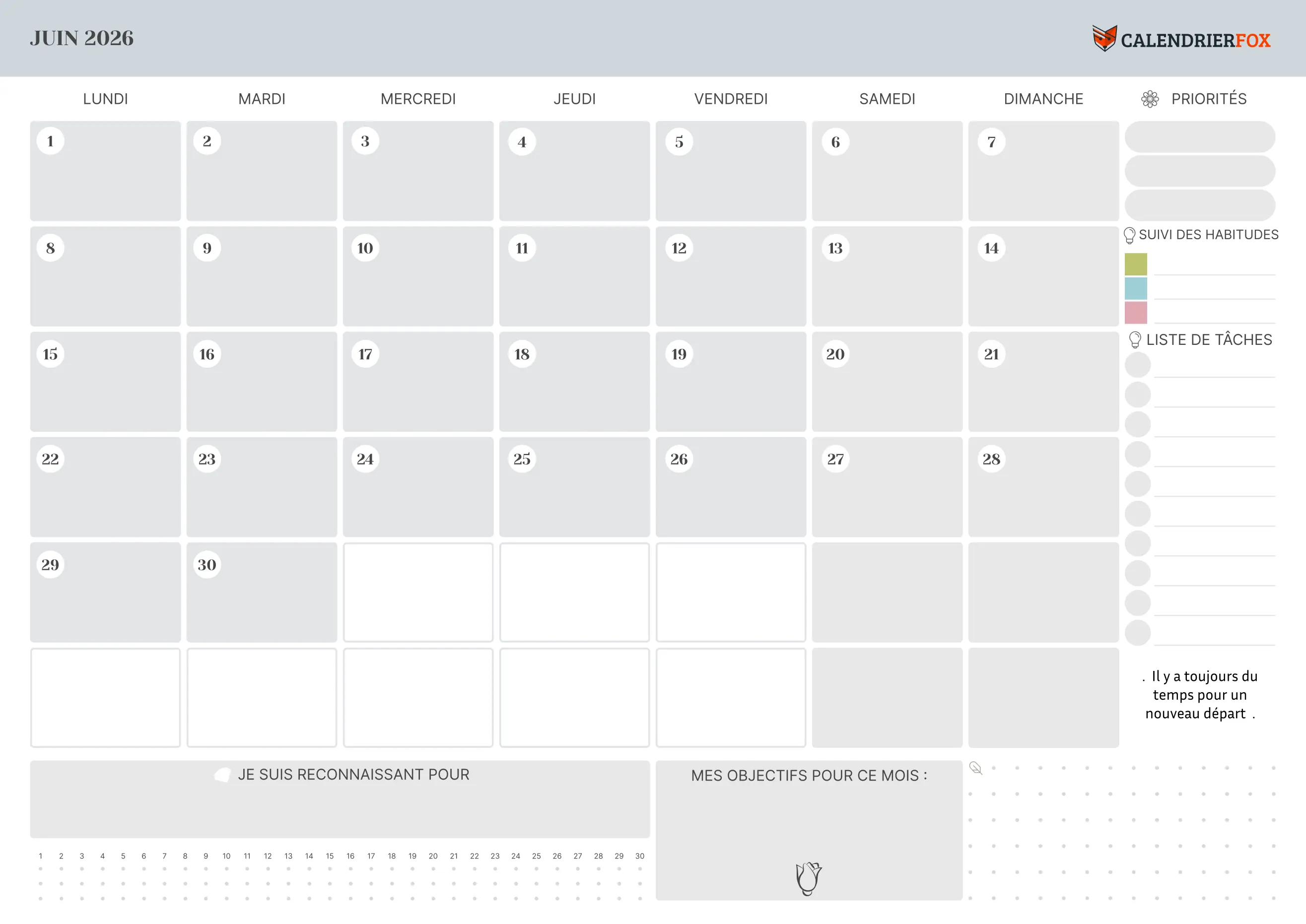 Calendrier Juin avec section Notes
