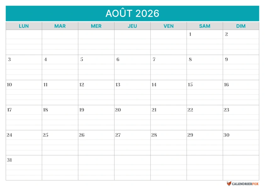 Modèle de calendrier ligné Août