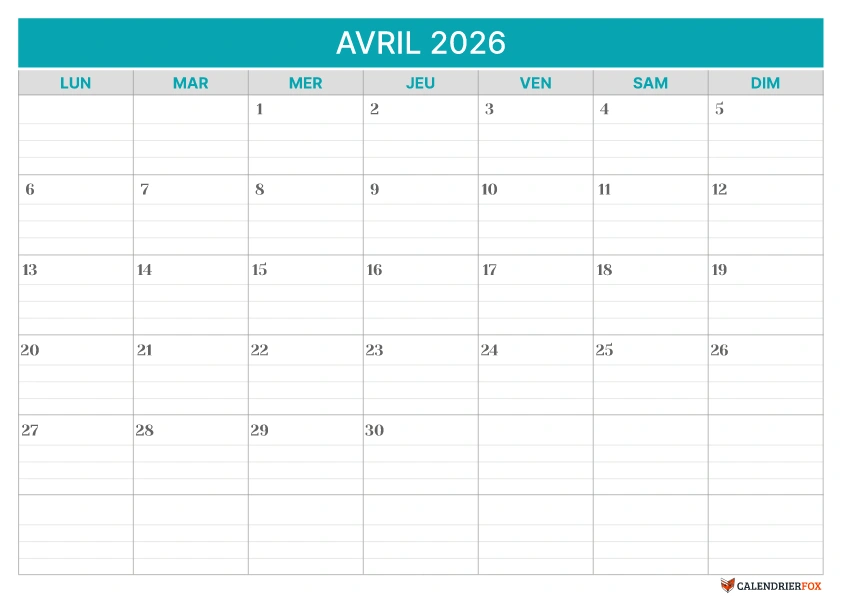 Modèle de calendrier ligné Avril