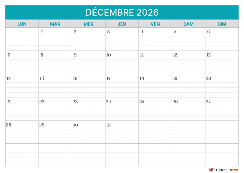 Modèle de calendrier ligné Décembre