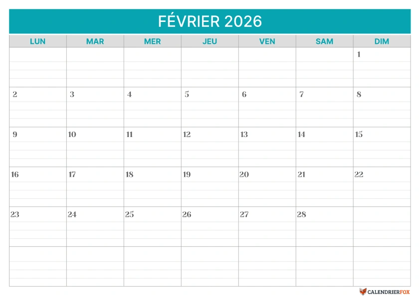 Modèle de calendrier ligné fevrier