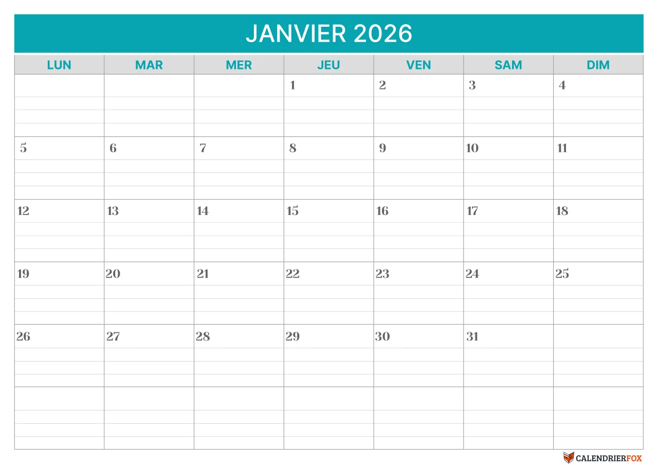 Modèle de calendrier ligné Janvier