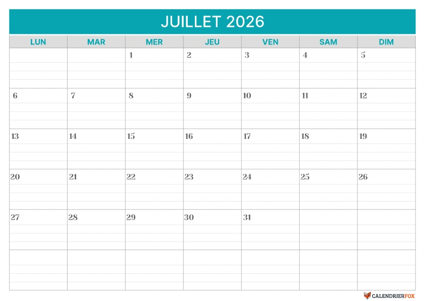 Modèle de calendrier ligné Juillet