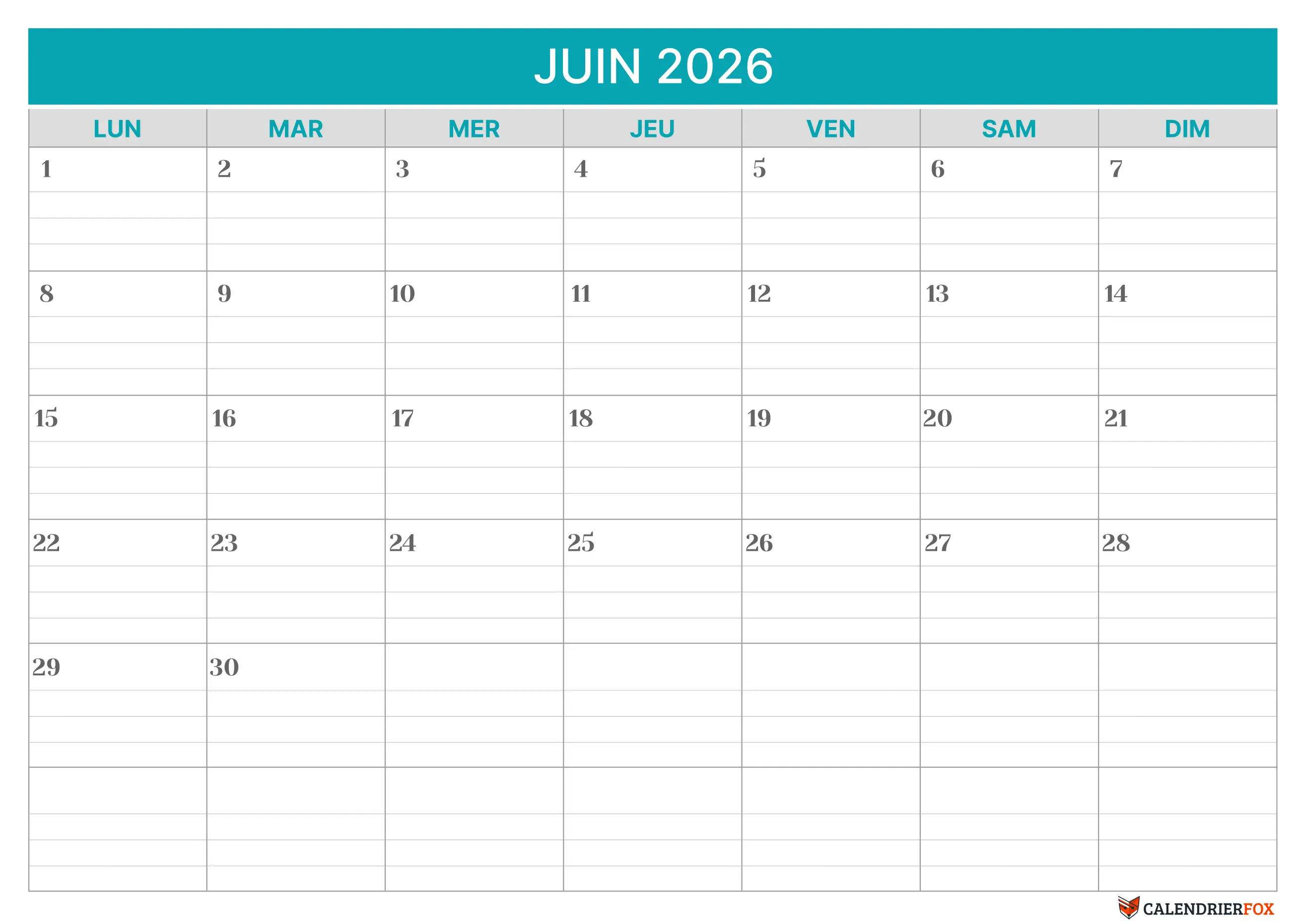 Modèle de calendrier ligné Juin