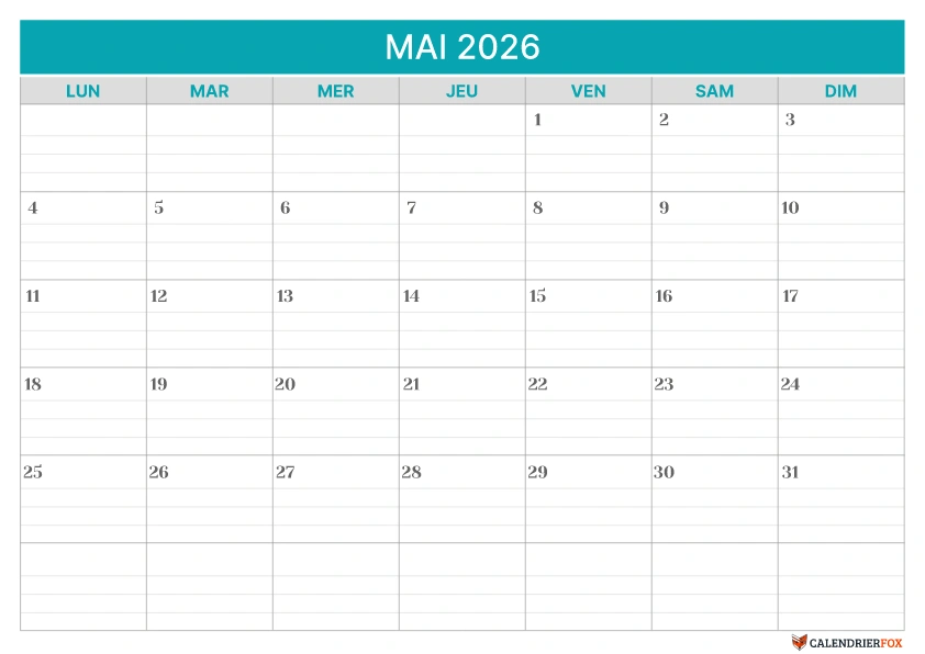 Modèle de calendrier ligné Mai
