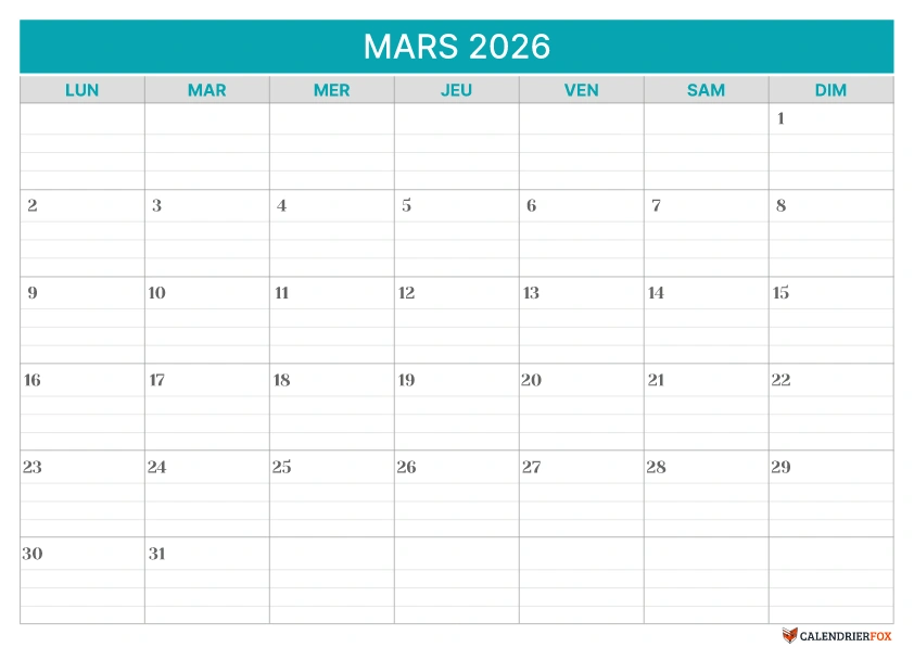 Modèle de calendrier ligné Mars