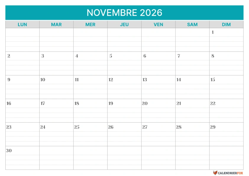 Modèle de calendrier ligné Novembre