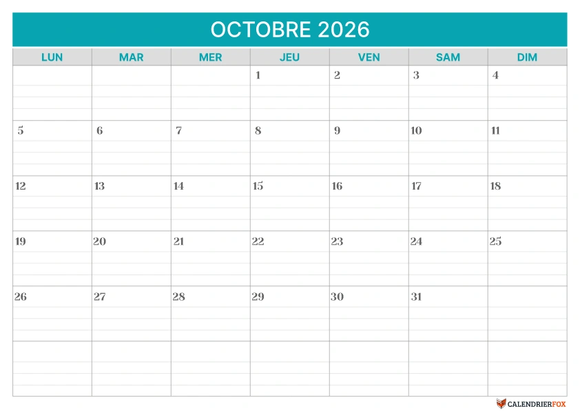 Modèle de calendrier ligné Octobre