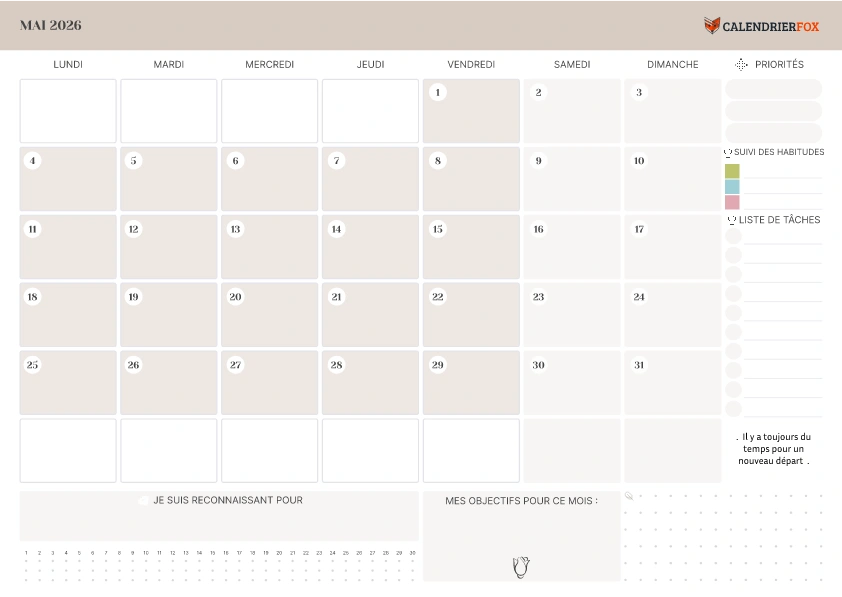 Calendrier Mai avec liste de tâches