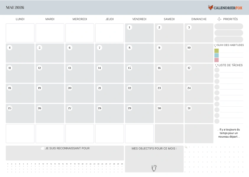 Calendrier Mai avec section Notes