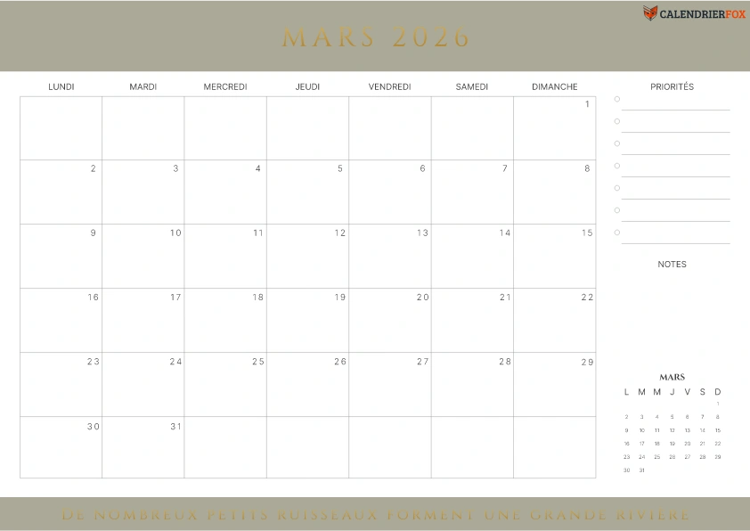 Calendrier Mars avec citations