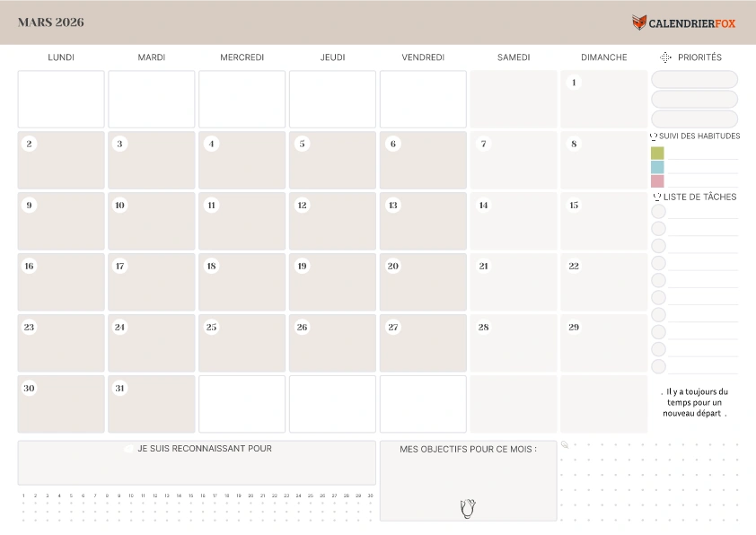Calendrier Mars avec liste de tâches