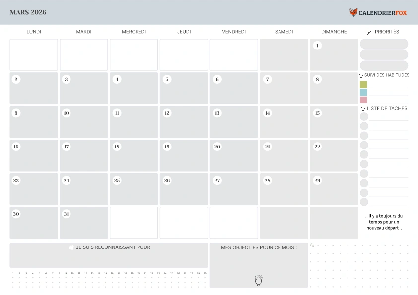 Calendrier Mars avec section Notes