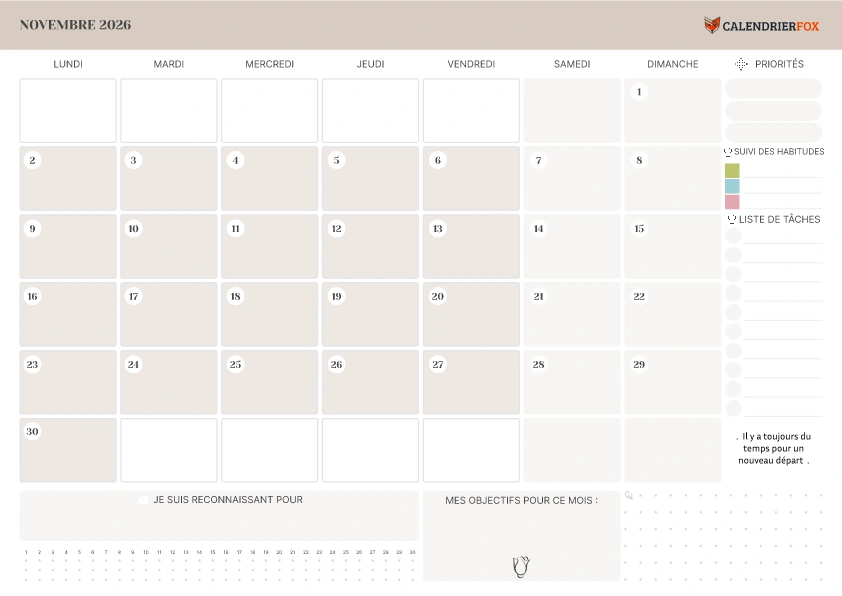 Calendrier Novembre avec liste de tâches