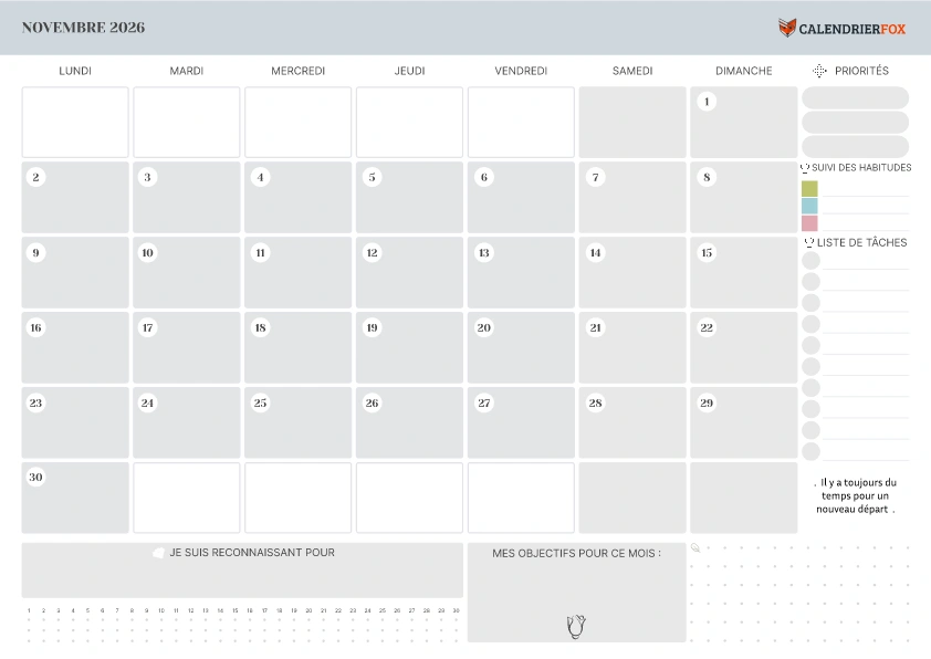 Calendrier Novembre avec section Notes