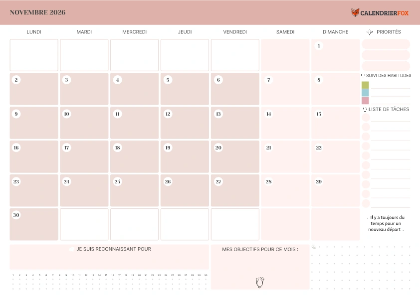 Calendrier Novembre avec Priorité
