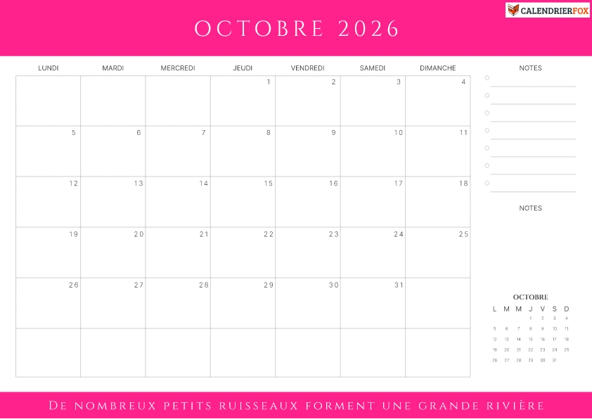 Calendrier Octobre 2026 Imprimer PDF Gratuit Calendrier Octobre 2026 Imprimer PDF Gratuit