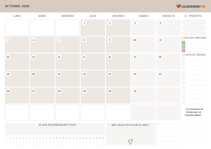 Calendrier Octobre avec liste de tâches