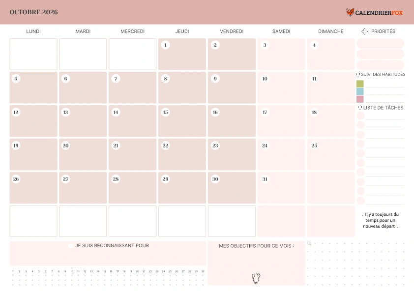 Calendrier Octobre avec Priorité