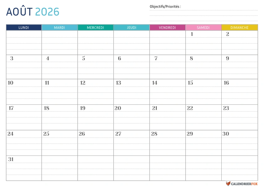 Modèle de calendrier pointillé Août