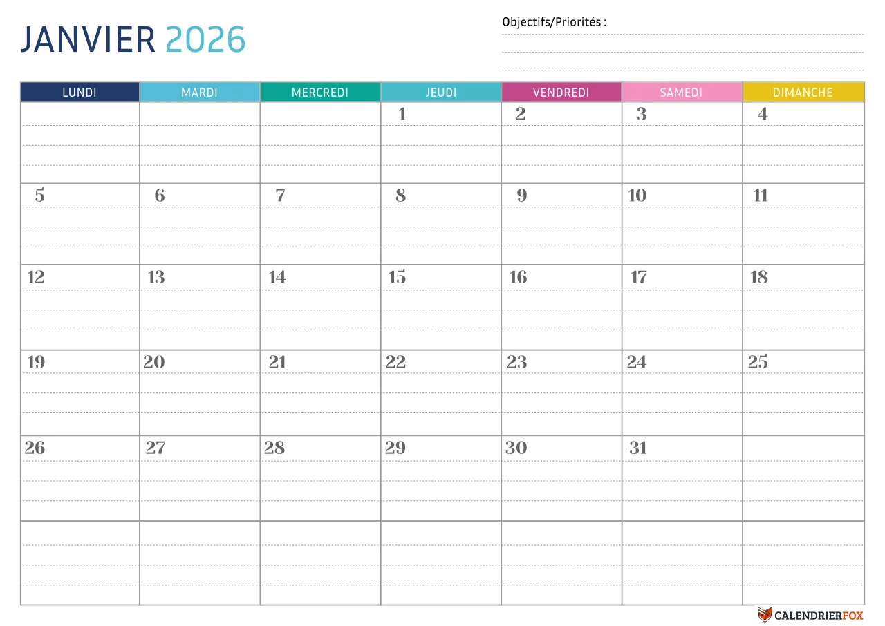 Modèle de calendrier pointillé Janvier