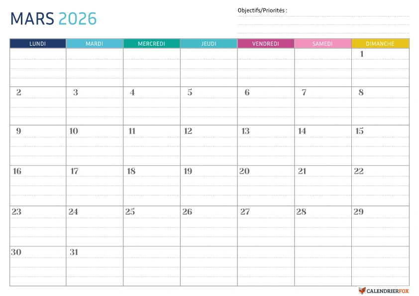 Modèle de calendrier pointillé Mars
