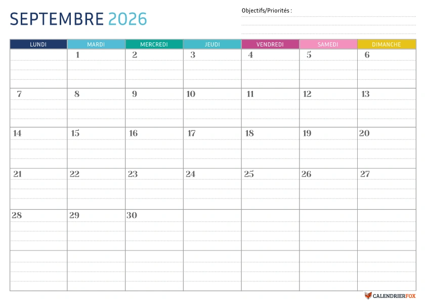 Calendrier Septembre 2026 Imprimer PDF Gratuit Calendrier Septembre 2026 Imprimer PDF Gratuit