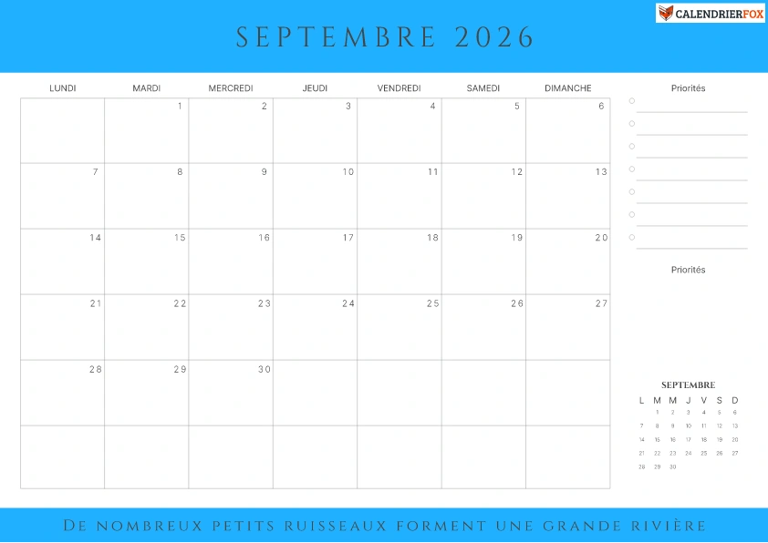 Calendrier Septembre 2026 Imprimer PDF Gratuit