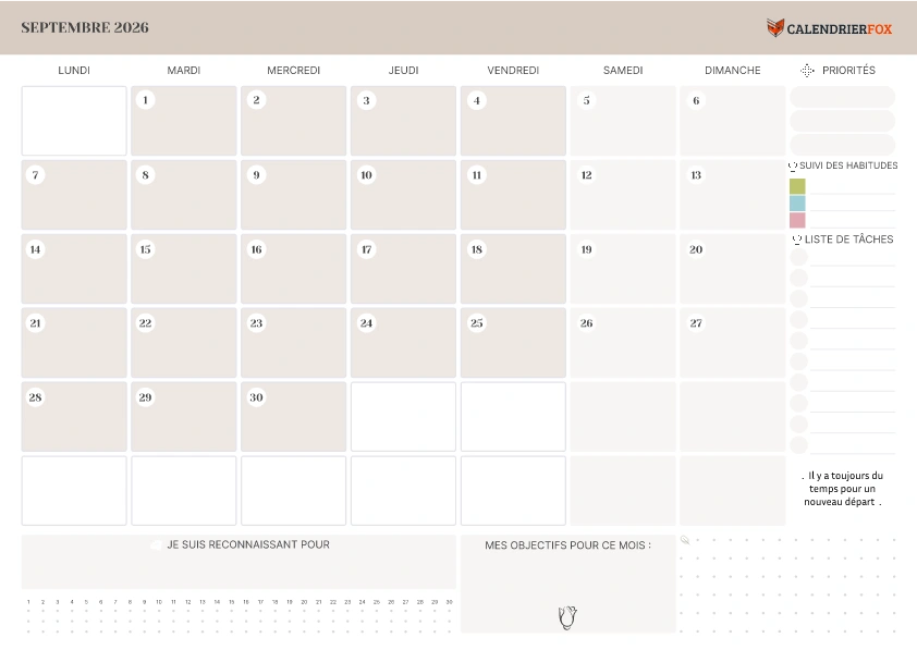 Calendrier Septembre avec liste de tâches