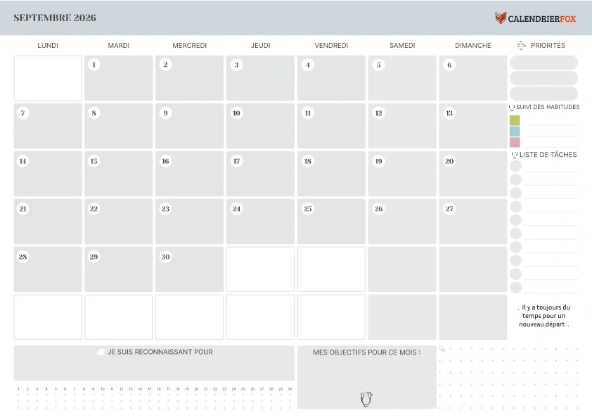 Calendrier Septembre avec section Notes