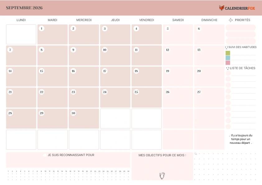 Calendrier Septembre avec Priorité