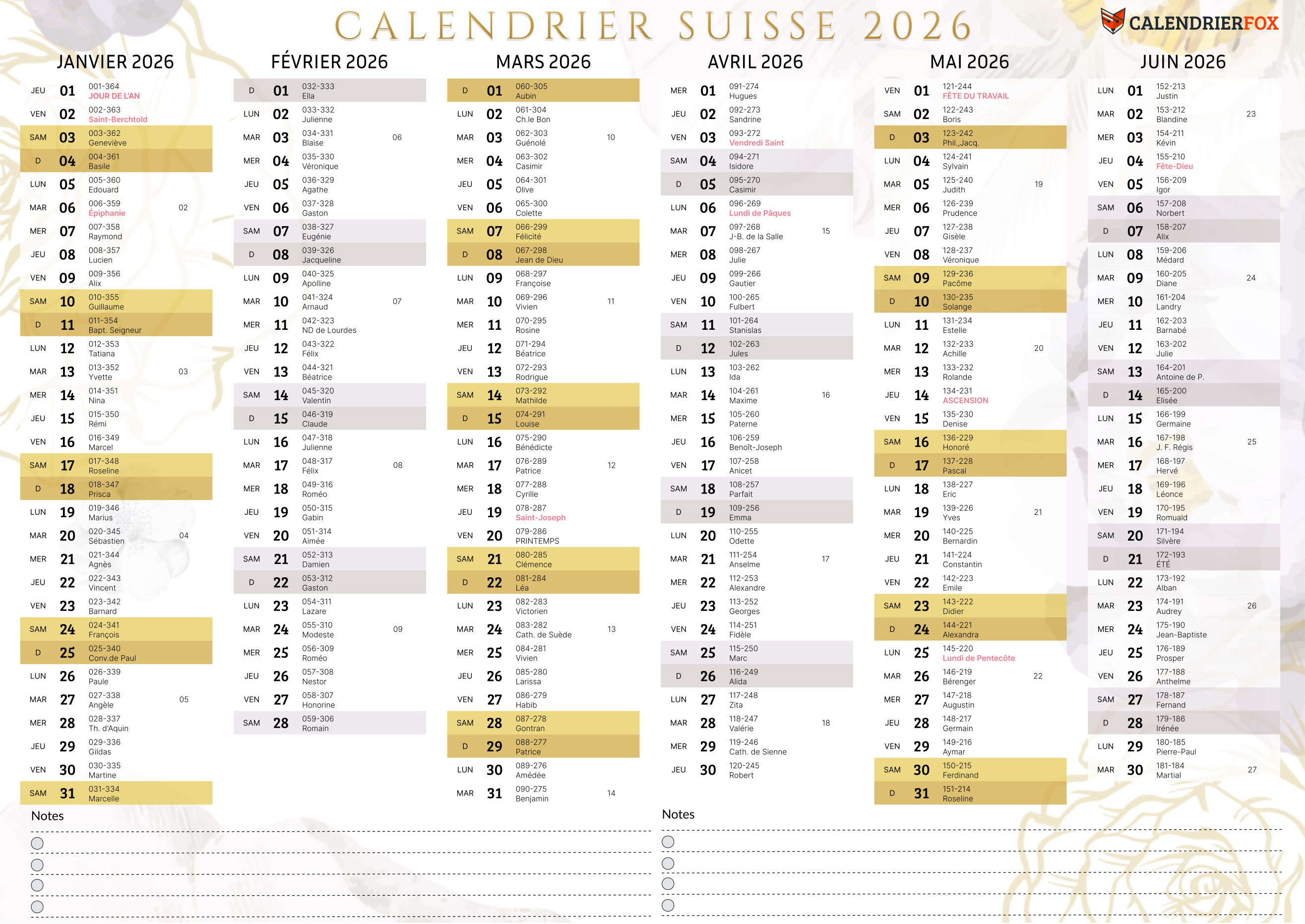 Calendrier Suisse esthétique 2026 avec jours fériés