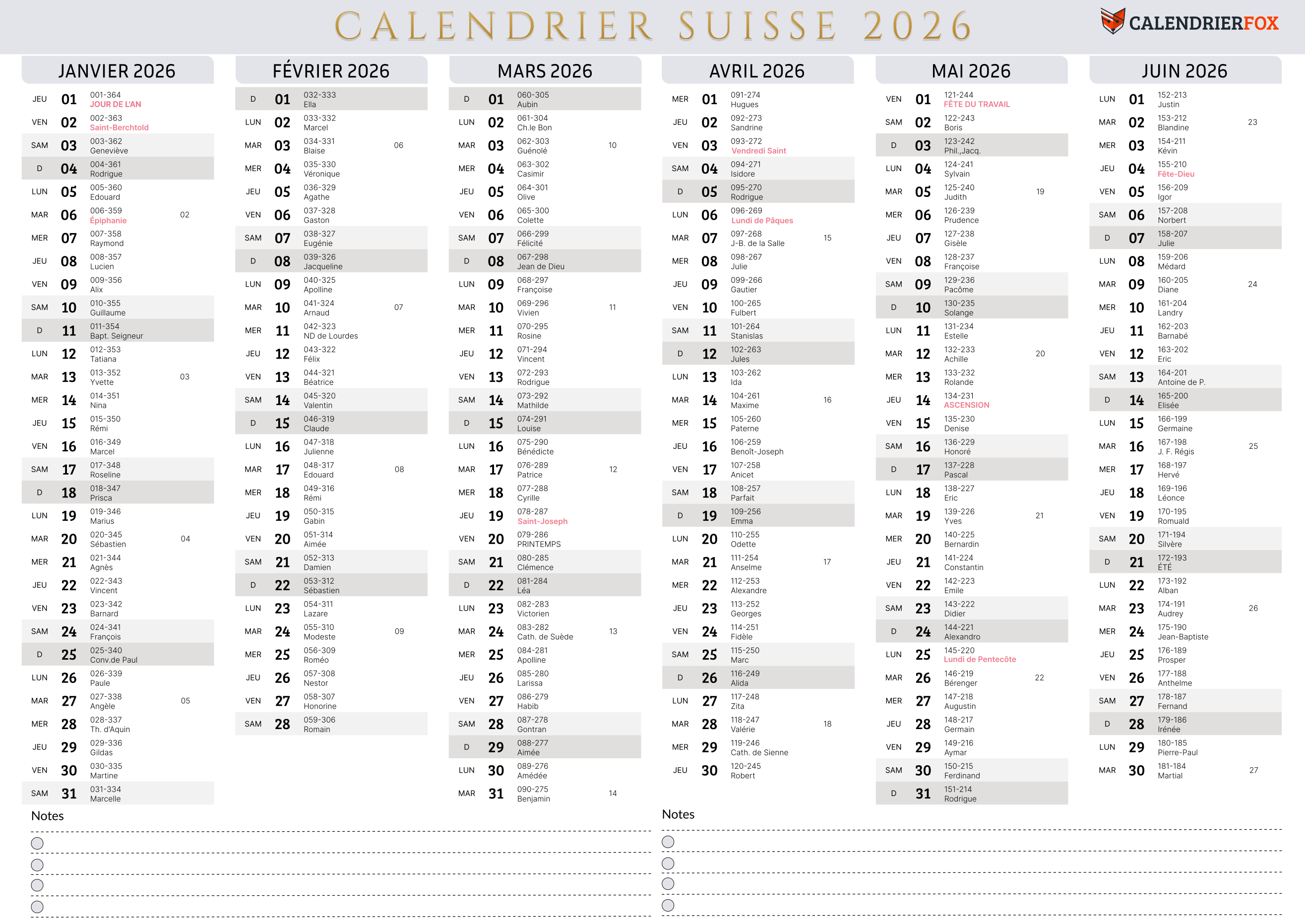 Calendrier Suisse minimaliste 2026 avec jours fériés