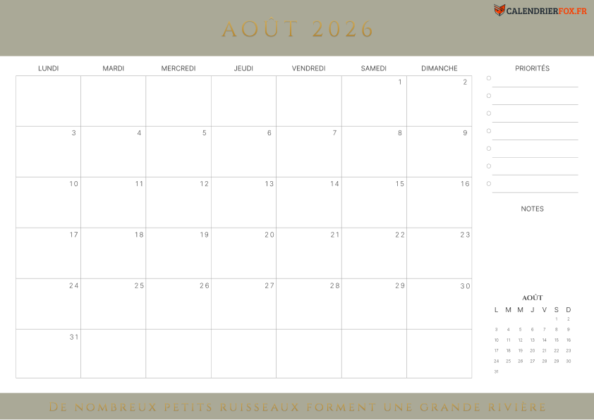 Calendrier août 2026 avec Citations