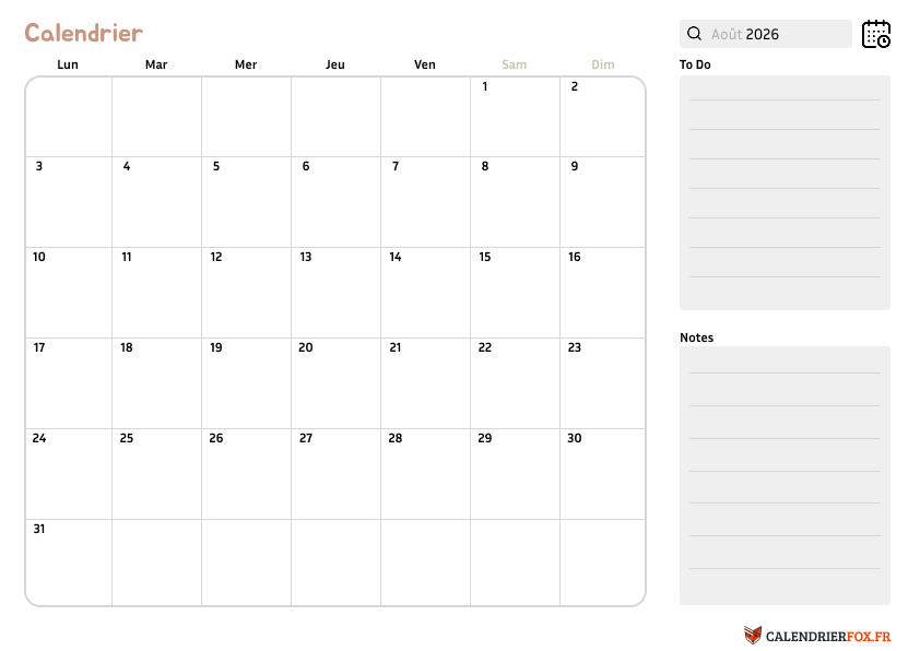 Calendrier août 2026 avec Notes