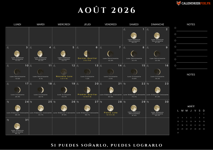 Calendrier août 2026 avec Phases de Lune