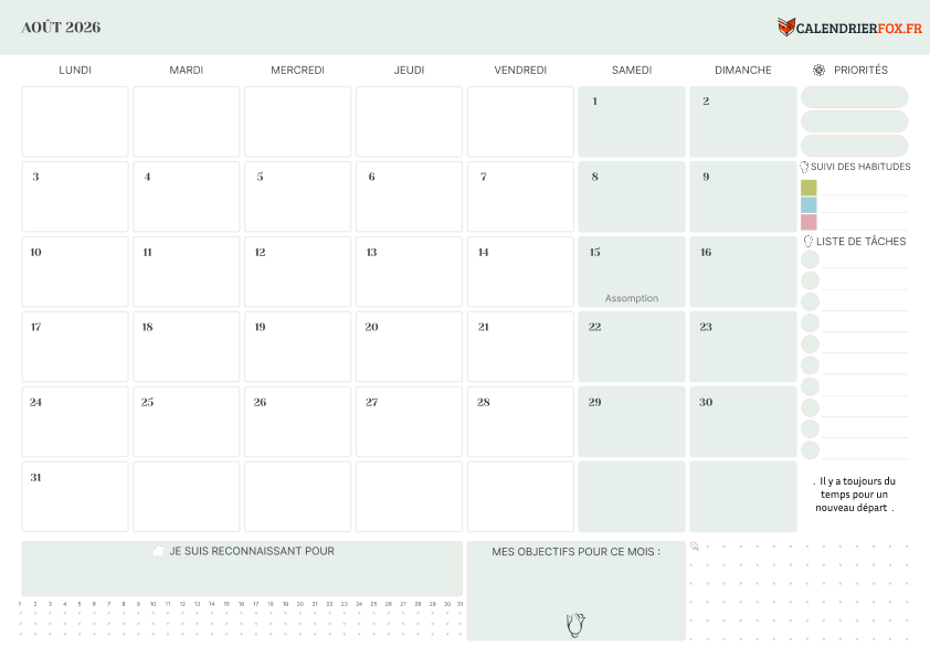 Calendrier août 2026 avec Priorités