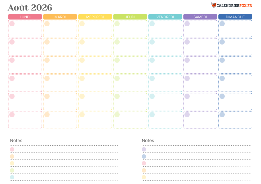 Calendrier août 2026 Coloré