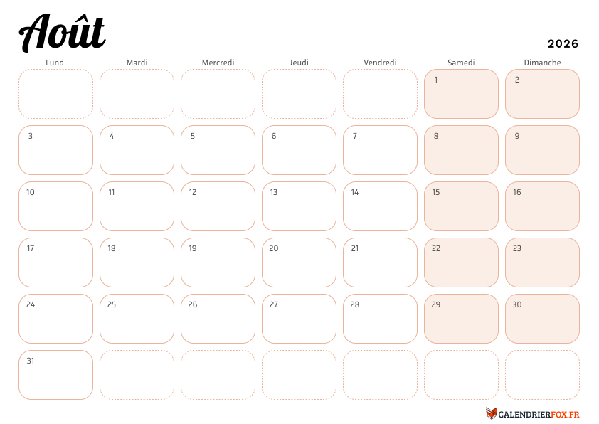 Calendrier août 2026 Élégant