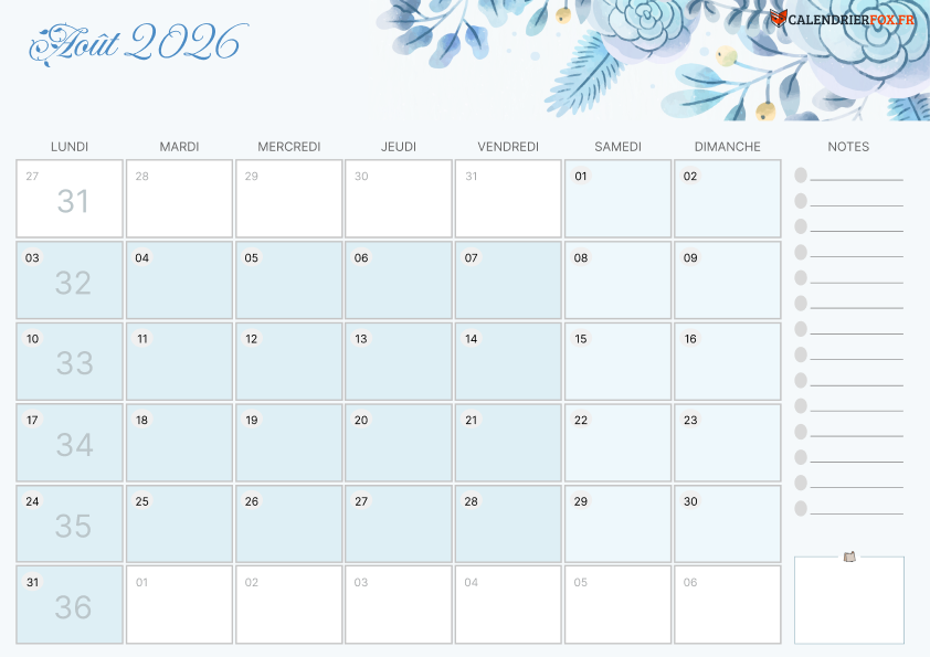 Calendrier août 2026 Esthétique